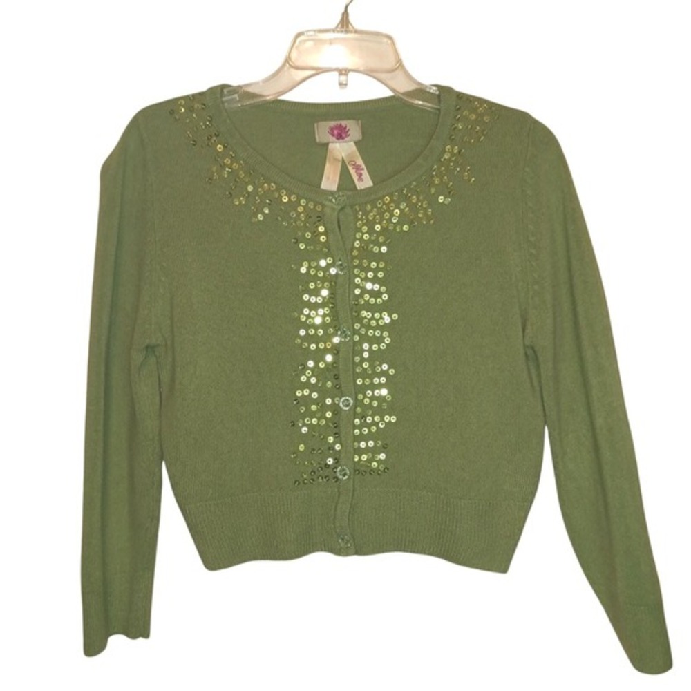 Vintage Y2K Moe Green Bling Sequins Long sleeve Cardigan Sweater M